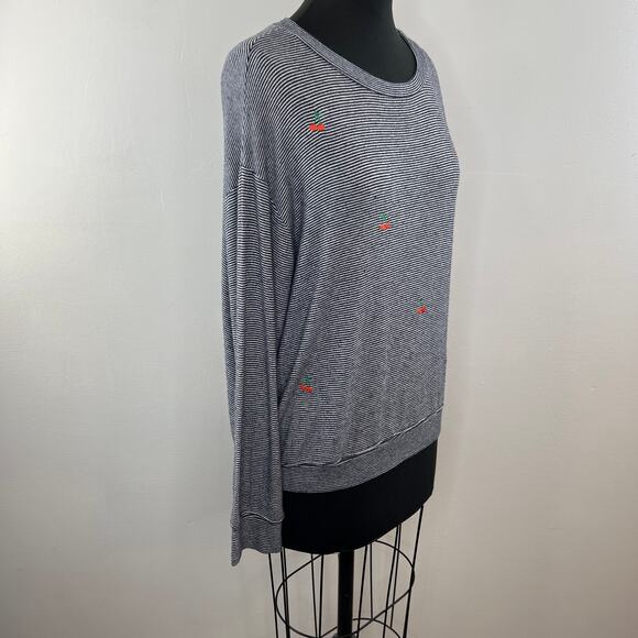 SUNDRY Blue White Stripe Embroidered Cherries Crew Neck Long Sleeve Knit Top 3 L - Picture 3 of 8